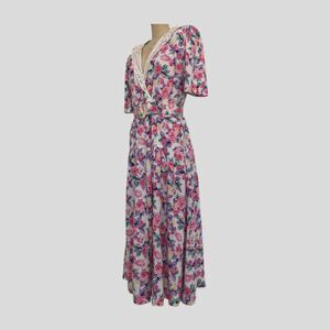 Vintage 80s Jane Singer Pink Floral Spring A Line Cottage Core Midi Dress L